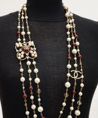 NWT CHANEL Pearl Gripoix Stones CC Multi Strand Chain Crystal Runway Necklace - Image 1 of 4