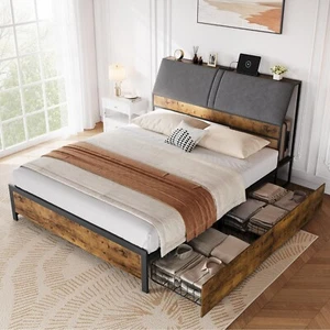 Full Queen Size Upholstered Platform Bed Frame with 4 Storage Drawers - Picture 1 of 23