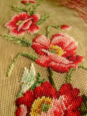 Beautiful Red Jacobean Flowers Floral Preworked Needlepoint Canvas - Image 1 of 4