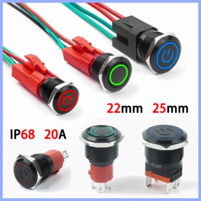 LED Push Button Switch Momentary Latching ON/OFF Waterproof Metal 22mm/25mm 20A - Image 1 of 4