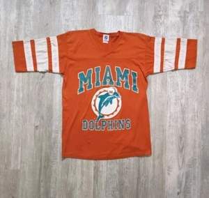 Vintage 80s Logo 7 Miami Dolphins Varsity Shirt Size M Orange NFL Football - Picture 1 of 13