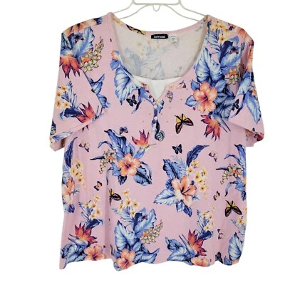 VTG Y2K Short Sleeve Butterfly Floral Pink Shirt Henley Plus Size 2X Fairy boho - Image 1 of 4