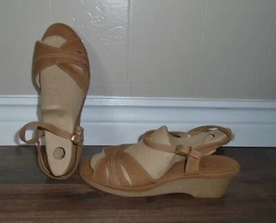 Sandálias femininas vintage década de 1970 lona bronzeada aparência de juta salto cunha tiras no tornozelo tamanho 8,5 NOS - Imagem 1 de 4