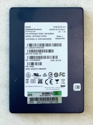 HPE 5100 ECO 1.92TB MLC SATA 6Gbps Read Intensive 2.5" SSD Solid State Drive - Image 1 of 3