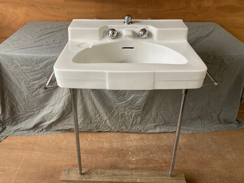 Large Vtg Mid Century White Porcelain Crane Drexel Bath Sink Chrome Legs 421-22E Cover