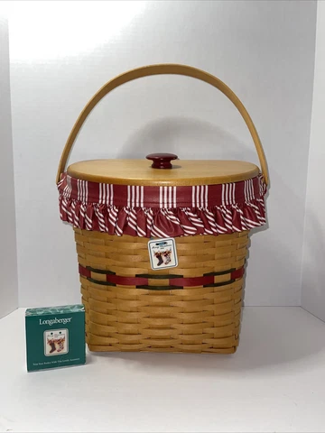 Longaberger Winter Wishes Basket R/W Liner Protetor Lid Christmas 1998 W/ Tag Cover