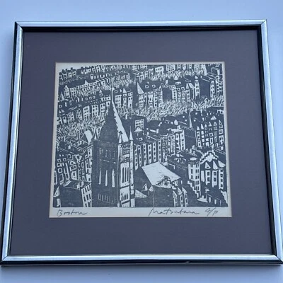 NAOKA MATSUBARA WOODCUT BOSTON CITYSCAPE URBAN MODERNISM LISTED FAMOUS JAPANESE - Image 1 of 4