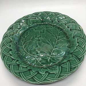 Antique Majolica Plate Cabbage Leaf Basket Weave Emerald Green 21cm Mark On Base