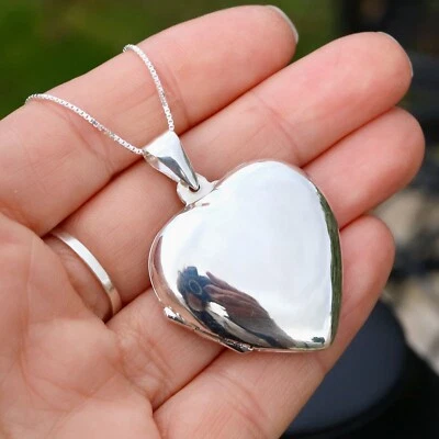 925 Sterling Silver Extra Large Plain Heart Photo Locket Pendant Necklace - Image 1 of 4