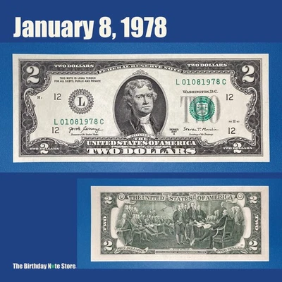 January 8, 1978 Birthday Anniversary $2 Two Dollar Bill Serial Number 01081978 - Image 1 of 2