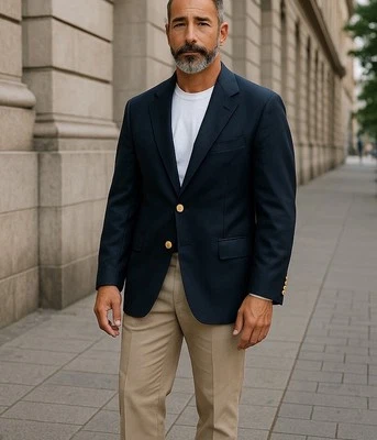 Brooks Brothers Madison SAXXON Men's 48 Navy Gold 2 Button Blazer Jacket - Image 1 of 4