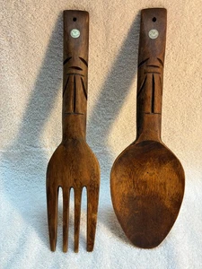 Tenedor y cuchara de madera tallada grande de 13" de colección tótem de madera de pared Filipinas DD2 - Imagen 1 de 3
