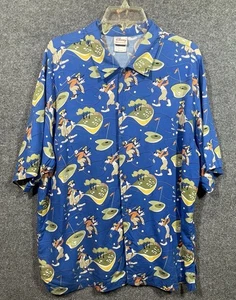 VINTAGE Disney Mens Button Up Shirt Large Blue Graphic Print Goofy Golf Hawaiian - Picture 1 of 10
