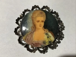 vintage cameo brooch pin porcelain w/ Victorian lady  transfer image 1  3/4" - Picture 1 of 3