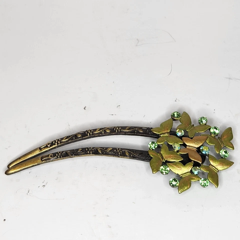 VTG Bronze Jeweled Floral Butterfly haircomb Pin Green Gild Glam Retro Victorian - Image 1 of 3
