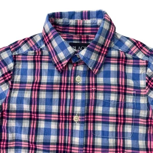 Children's Place Boys Sz 5/6 Small Hot Pink Blue White Plaid Short Sleeve Shirt - Picture 1 of 5