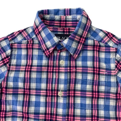 Children's Place Boys Sz 5/6 Small Hot Pink Blue White Plaid Short Sleeve Shirt - Image 1 of 4