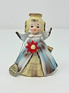 Ángel de cumpleaños vintage de diciembre Inarco con flor de pascua y campana de porcelana - Imagen 1 de 8