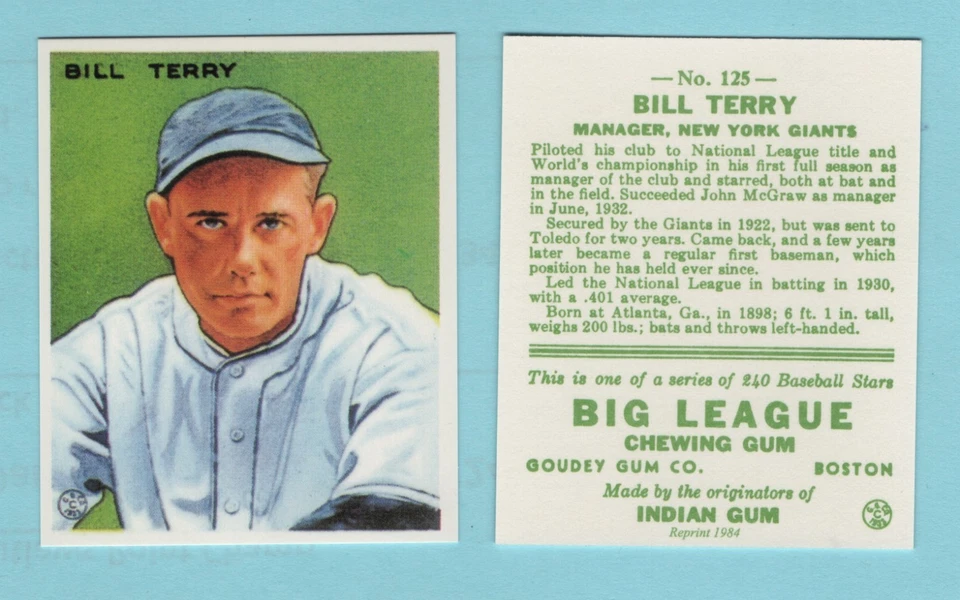 Reimpresión de béisbol Goudey 1933 # 125 Bill Terry--Gigantes de Nueva York--Caja 741 Foto 1 de 1