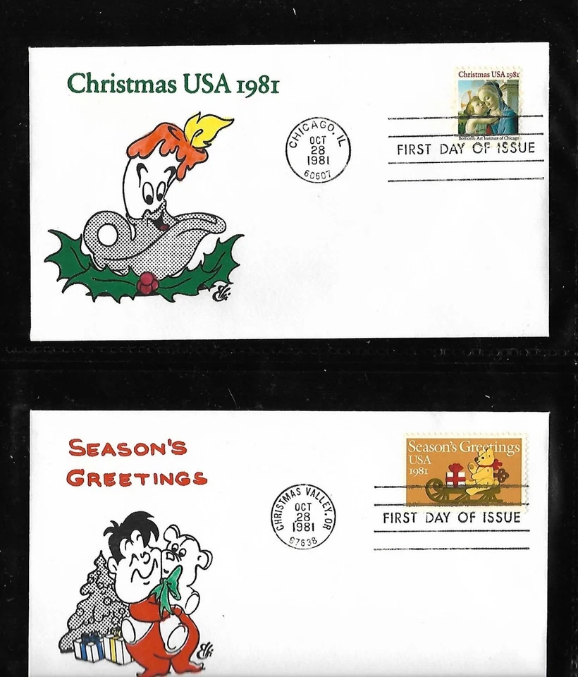 USA HAND PAINTED CHRISTMAS SEASONS GREETINGS 1981 RICHARD ELLIS ANIMATED 2 FDC - Image 1 of 1