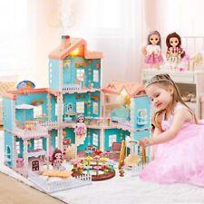 Huge Doll House Colorful Light 7 Rooms Dollhouse Miniatures with 2 Doll for Girl