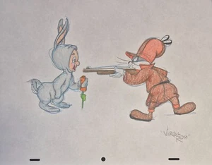 Pincel de liebre arte original Virgil Ross Bugs Bunny Elmer Fudd Merrie Melodías - Imagen 1 de 3