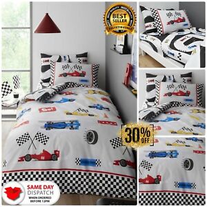 RACING CARS DUVET COVER SET Matching Fitted Sheet Soft Reversible Bedding Quilt