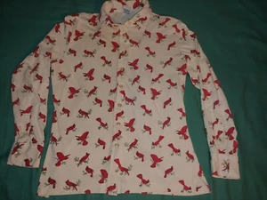 VTG 1970s Cardinal Print Knit Button Up Longsleeve Shirt Top Cottagecore Size L - Picture 1 of 9