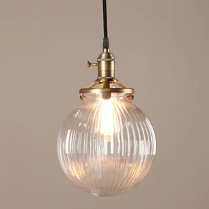 Vintage Industrial Ribbed Grain Glass Ceiling Pendant Light Loft Hanging Lamp - Picture 1 of 27