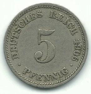 A BETTER GRADE 1906 D GERMANY 5 PFENNIG-DEUTSCHES REICH-AGT302 - Picture 1 of 2