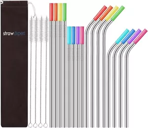 16 Pack Reusable Stainless Steel Straws with Silicone Tips Metal Drinking Straws - Picture 1 of 5