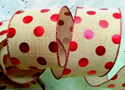 Red 2.5" by 2 yd Red Metallic Polka Dot on Natural Wire Ribbon Country Everyday - Image 1 of 4