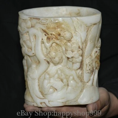 Jarrón lápiz maceta pincel gente pino talla jade blanco natural chino antiguo de 6" Foto 1 de 4