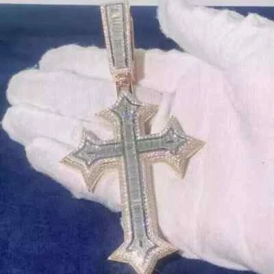 2 Ct Round Men's Real Moissanite Cross Pendant 14K White Gold Plated Silver - Image 1 of 3