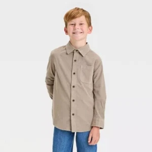 Boys' Long Sleeve Flannel Button-Down Shirt - Cat & Jack L 10/12 Beige - Picture 1 of 2