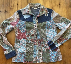 Vintage 1970s Hippie Shirt Patchwork Print Denim Accents Med Large - Picture 1 of 5