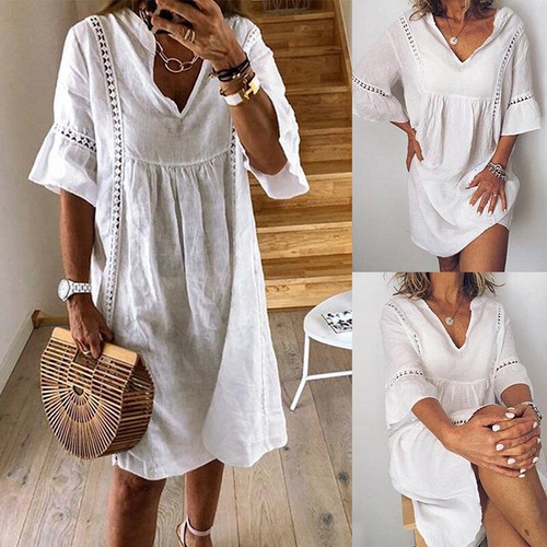 OFF WHITE Mini abito donna estivo mezza manica pizzo casual sciolto cotone abiti smock plus