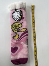 Sherpa Lined Non-Slip Warner Bros Tweety Pink Hearts Christmas Slipper Socks NEW