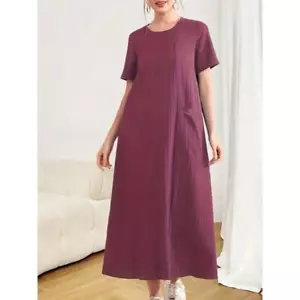 Female Round Neck High Waist Commuting Dress Casual Loose Solid Pullover Dress - Picture 1 of 5