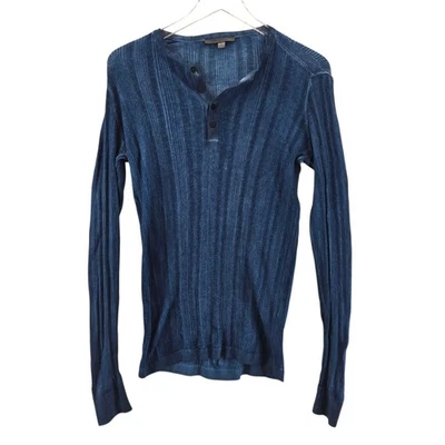 Suéter John Varvatos Salete Henley Azul Acanalado Tejido Lana Merino Seda Para Hombres Pequeño Foto 1 de 4