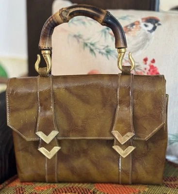Vintage Susan Gail Bamboo handle  brown patent leather purse bag 1960’s 70’s  - Image 1 of 4