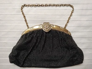Whiting and Davis Black Mesh Purse Gold Chain Rhinestone Clasp Vintage 1930s? - Picture 1 of 3