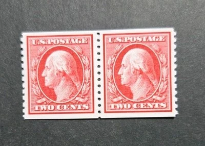 Estampillas de Estados Unidos SC# 388 1910 2c George Washington réplica de par de bobinas  Foto 1 de 2