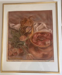 Vintage Still Life With Tulip Vase Apples Pitcher Pastel on Velour M.L. Hocevar - Picture 1 of 9