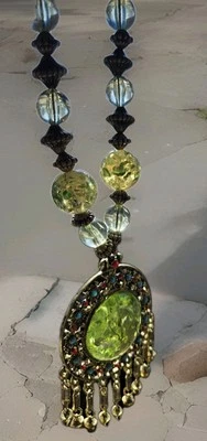Lovely Necklace Pendant Green Glass Metal And Wood Beads. Magnificent! 24" - Image 1 of 4