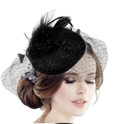 Black Feather Mesh Fascinator Veil Mini Hat Clip Wedding Tea Cocktail Party - Image 1 of 4