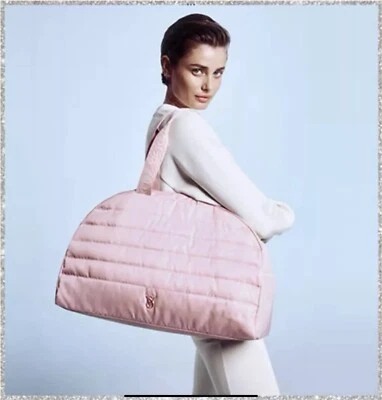 Victoria's Secret Quilted Duffle Bag Pink Zinc Weekender Gold Logo Zipper Pocket - Image 1 of 4