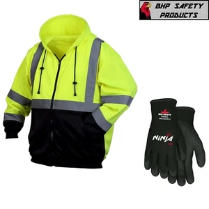 Hi-Vis Lime Class 3 Pullover Safety Sweatshirt Zipper Jacket w/ Insulated Gloves - Picture 1 of 8