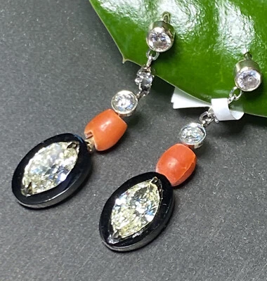 Diamond Earrings Antique Marquise Red Coral Onyx 14K White Gold Dangle $7100 - Image 1 of 4