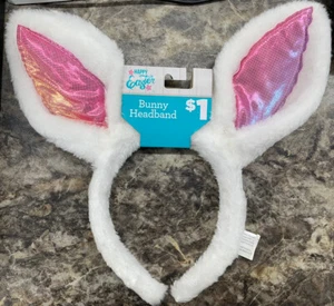 NWT Happy Easter Fuzzy Bunny Ears Headband White & Pink Holographic - Picture 1 of 1